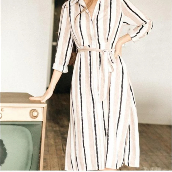 Boheme Stripped Belted Dress Size Large Pockets - Picture 1 of 12